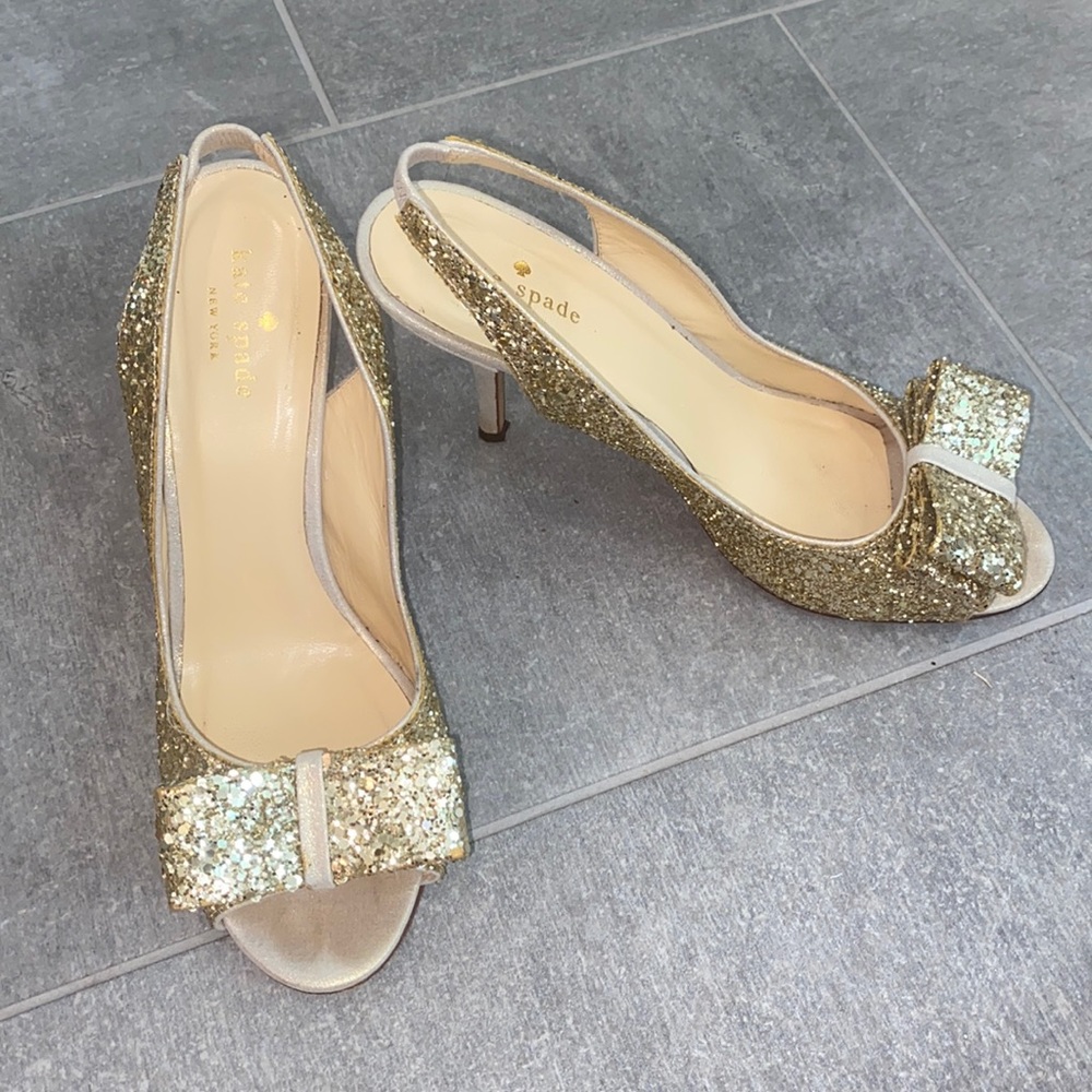 Kate Spade New York Charm Gold Glittered Slingback Heels, Size 8